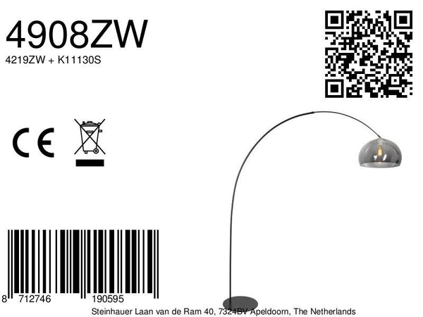 Vloerlamp curve 4908zw - zwarte booglamp met smoke bolkap