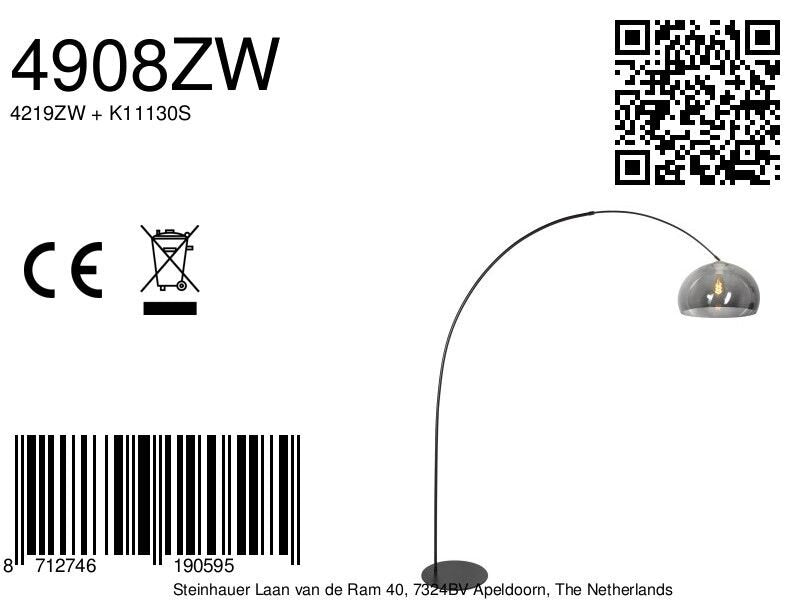 Vloerlamp curve 4908zw - zwarte booglamp met smoke bolkap