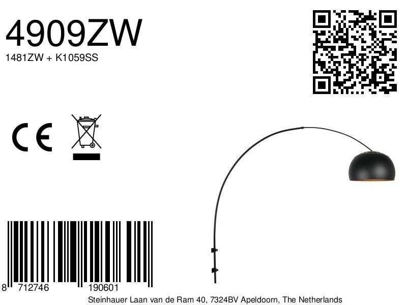 Wandlamp globe black 4909zw booglamp zwart/goud e27