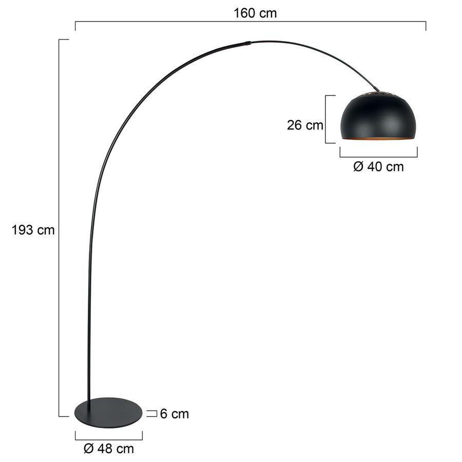 Vloerlamp curve 4912zw - zwarte booglamp met zwart-gouden kap