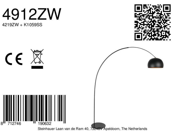 Vloerlamp curve 4912zw - zwarte booglamp met zwart-gouden kap