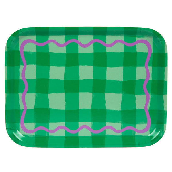 Everyones Welcome Green Gingham Wooden Tray