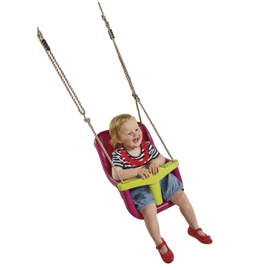 Baby schommelzitje  paars/groen kunststof PP-touw bruin, diameter 10mm lengte touw 1,85m