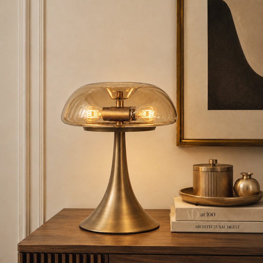 Bronzen tafellamp ancilla 5557br met amber glazen kap