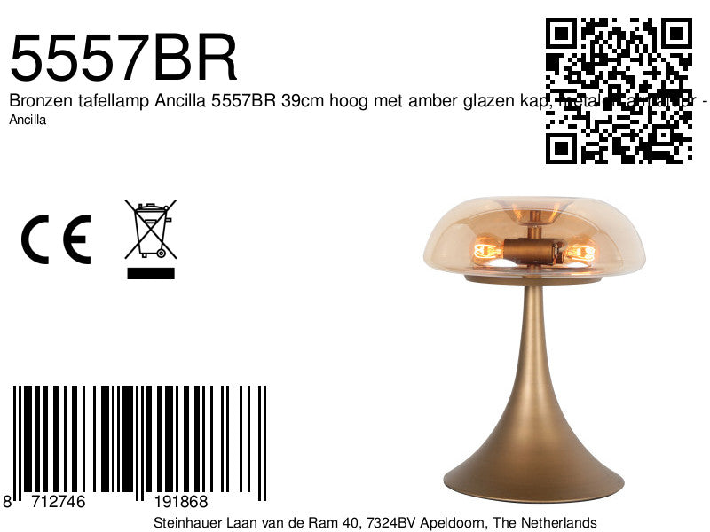 Bronzen tafellamp ancilla 5557br met amber glazen kap