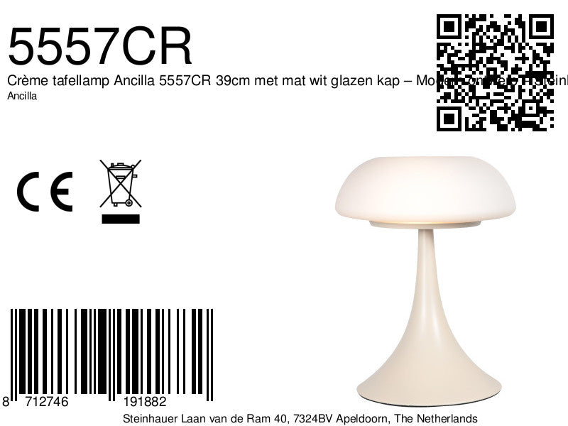 Crème tafellamp ancilla 5557cr met mat wit glazen kap