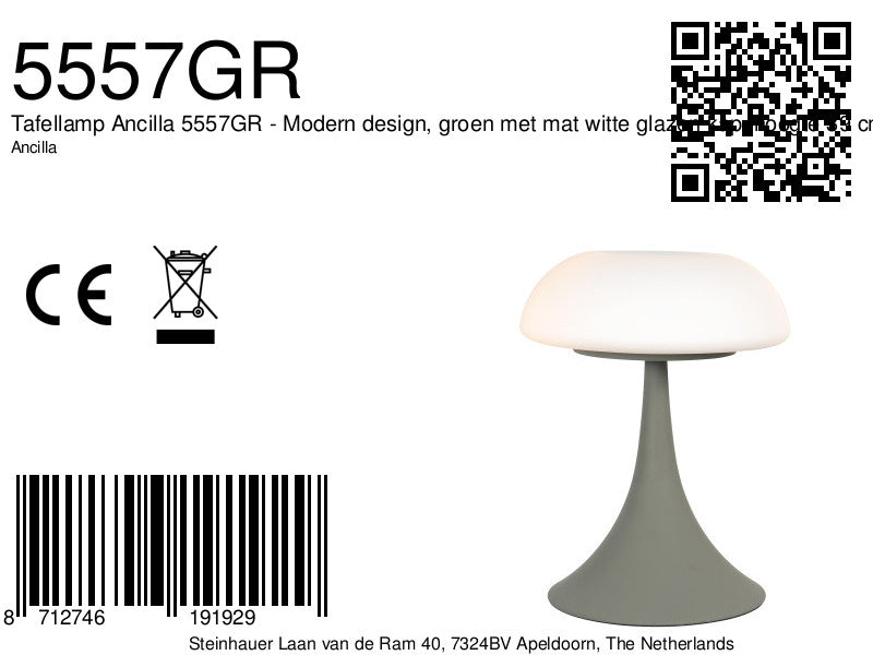 Grijze tafellamp ancilla 5557gr met mat wit glazen kap