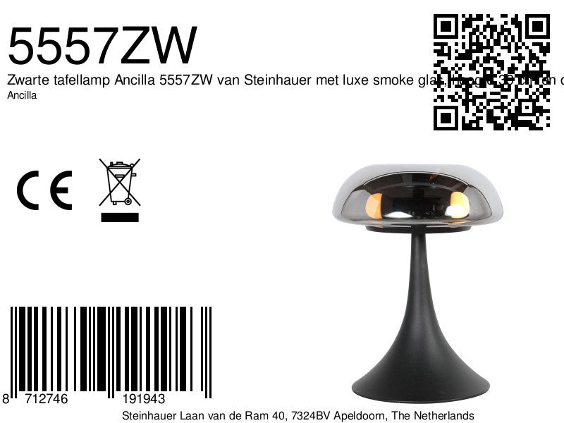 Zwarte tafellamp ancilla 5557zw met smoke glas