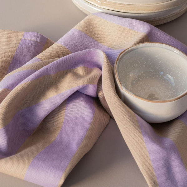 STRIPES tea towel lila-sand -wide stripe