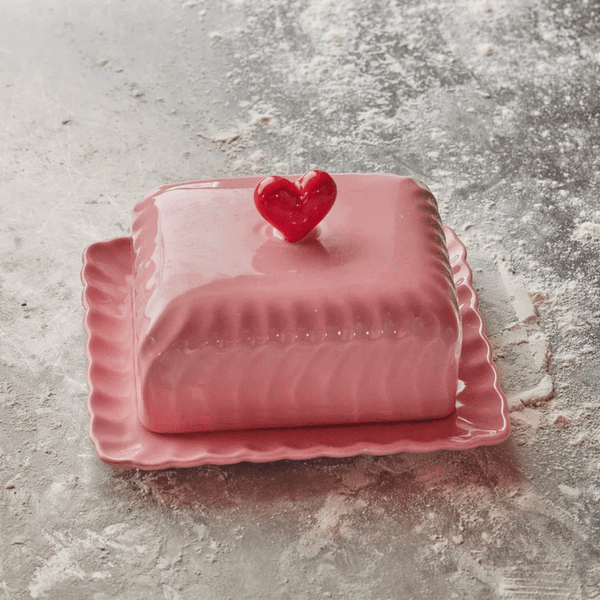 Ceramic Butter Dish with Red Heart - Pink