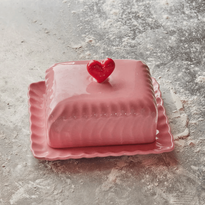 Ceramic Butter Dish with Red Heart - Pink