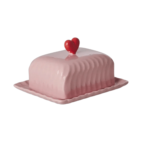 Ceramic Butter Dish with Red Heart - Pink