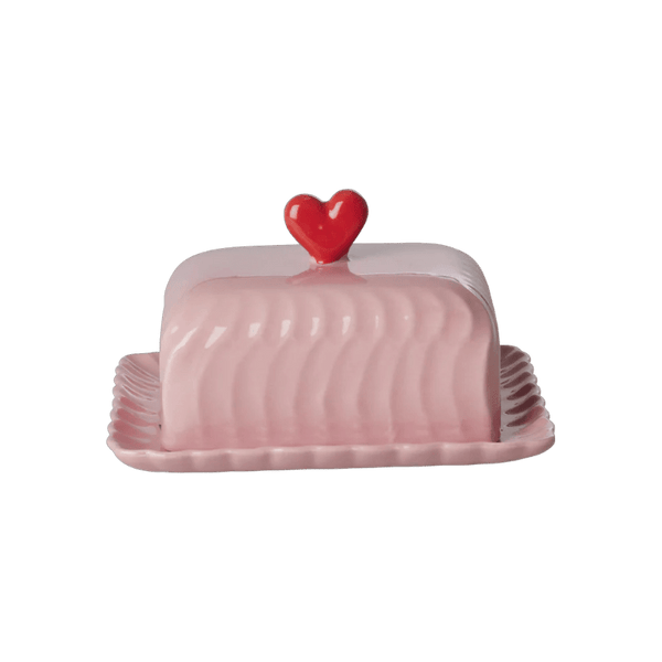 Ceramic Butter Dish with Red Heart - Pink