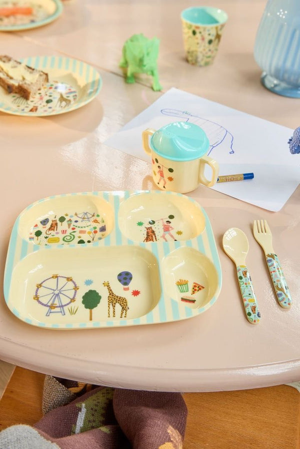 Baby Melamine Spoon and Fork with Fun Fair Print - Mint