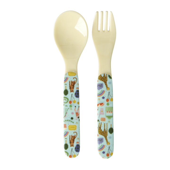 Baby Melamine Spoon and Fork with Fun Fair Print - Mint