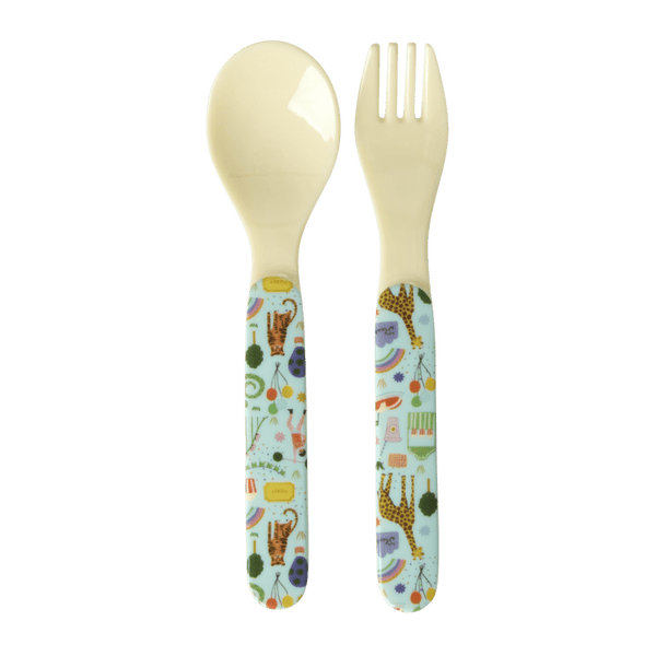 Baby Melamine Spoon and Fork with Fun Fair Print - Mint