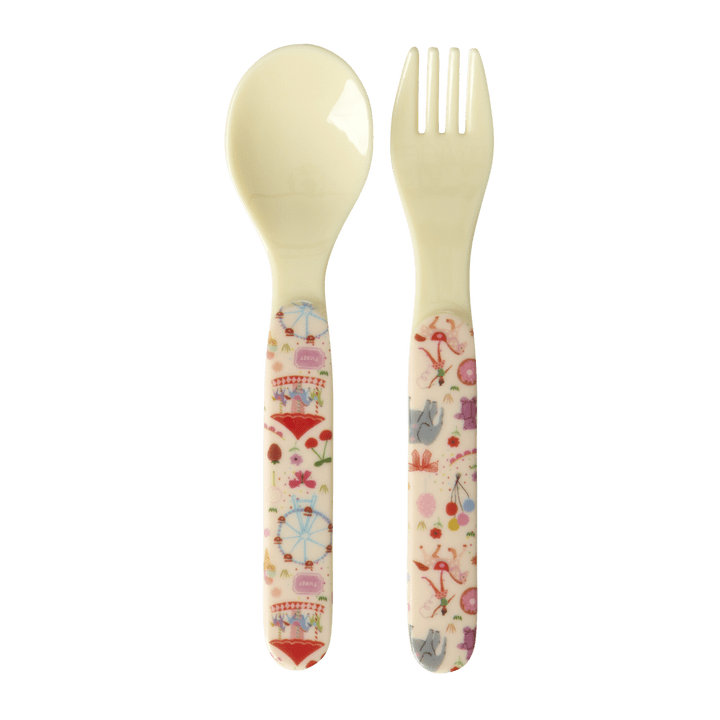 Baby Melamine Spoon and Fork with Fun Fair Print - Pink