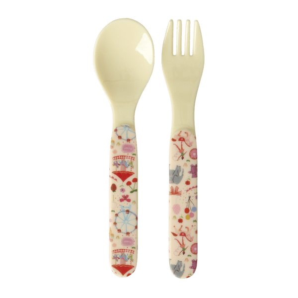 Baby Melamine Spoon and Fork with Fun Fair Print - Pink
