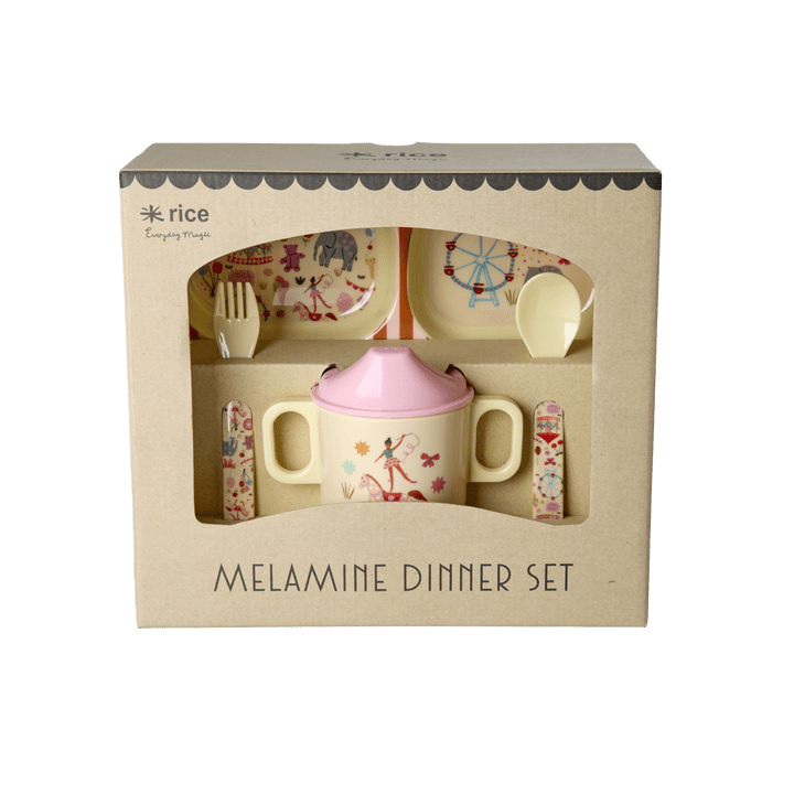 Melamine Baby Dinner Set in Gift Box - Fun Fair Print - Pink - 4 pcs