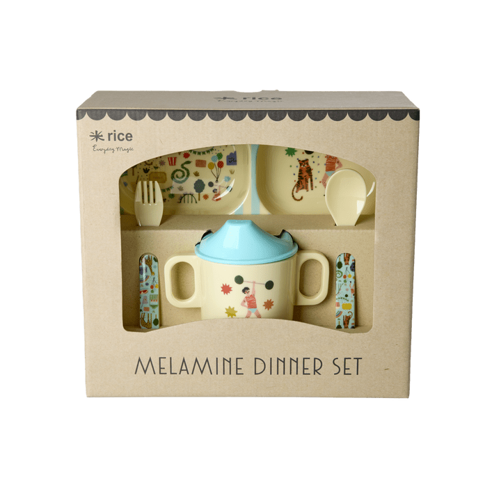 Melamine Baby Dinner Set in Gift Box - Fun Fair Print - Mint - 4 pcs