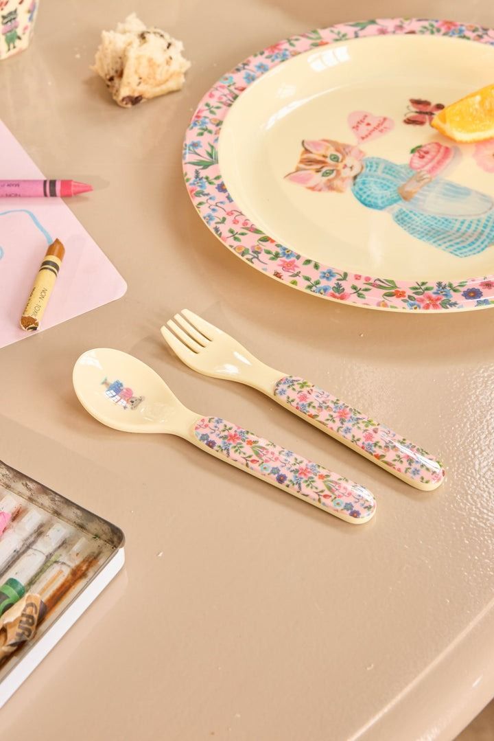 Kids Melamine Spoon and Fork with Nathalie L'ete Print - Pink