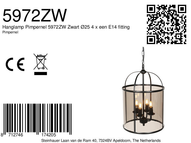 Hanglamp Pimpernel 5972ZW Zwart Ø25 4 x een E14 fitting