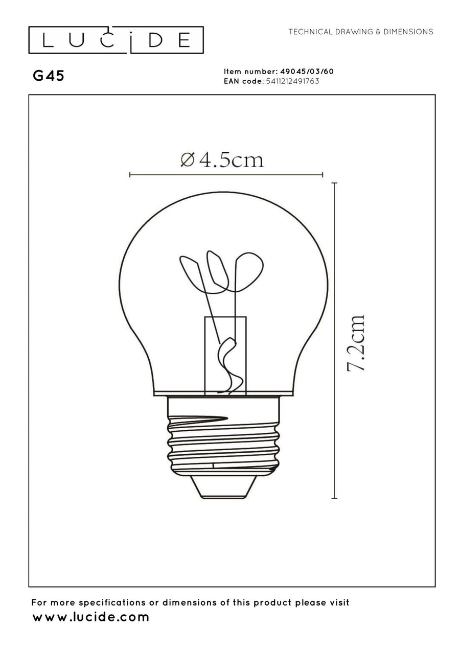 Lucide G45 dimbare LED-filamentlamp E27 Ø 4,5 cm, 3 W, 2700 K, transparant