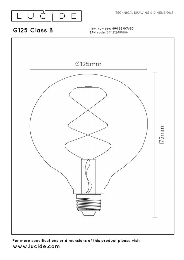 Lucide G125 Klasse B dimbare LED-filamentlamp E27 Ø 12,5 cm, 7 W, 2700 K, transparant