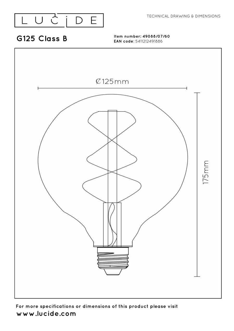 Lucide G125 Klasse B dimbare LED-filamentlamp E27 Ø 12,5 cm, 7 W, 2700 K, transparant