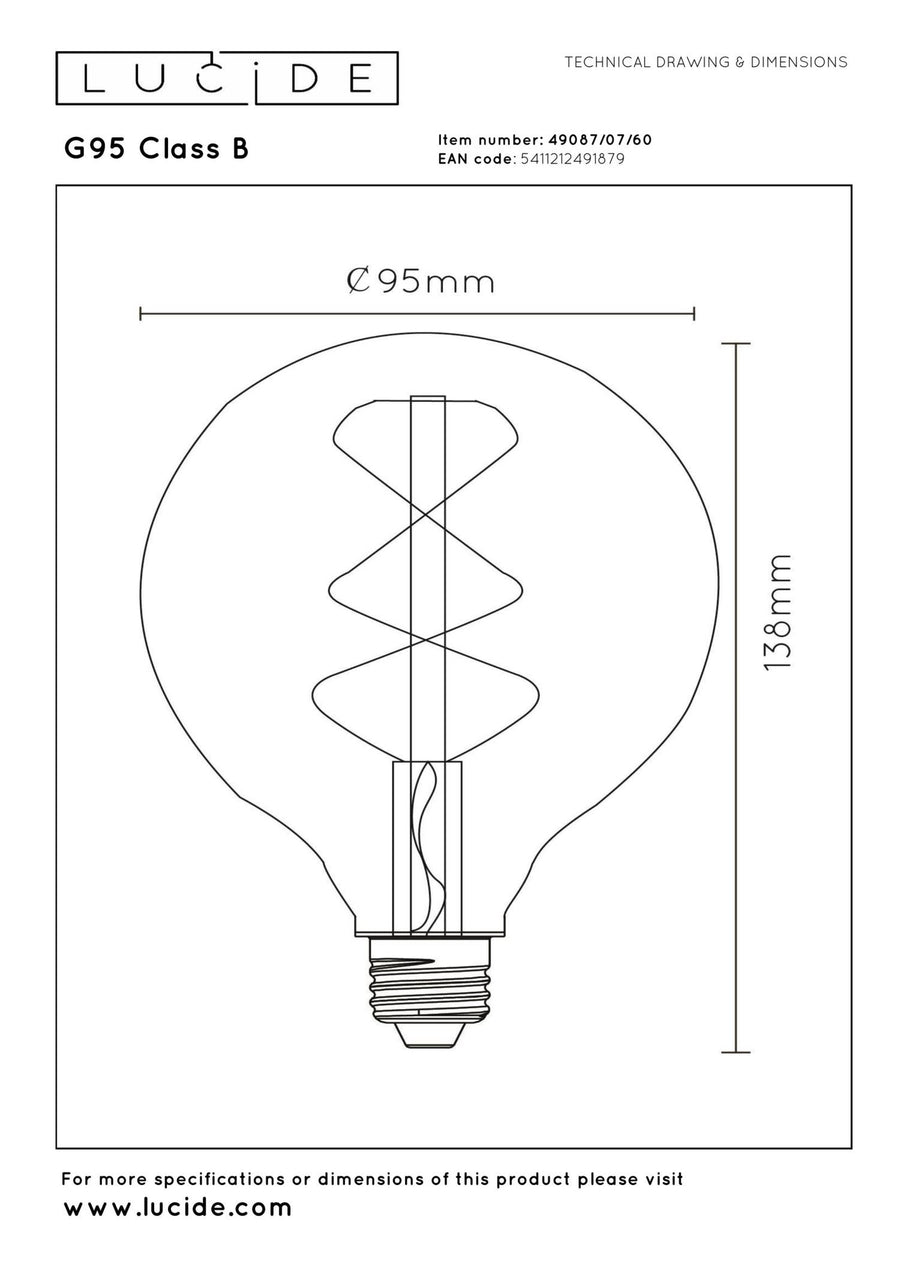 Lucide G95 Klasse B dimbare LED-filamentlamp E27 Ø 9,5 cm, 7 W, 2700 K, transparant