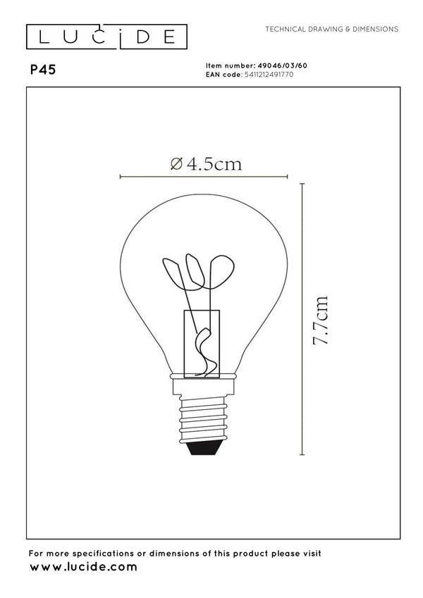 Lucide P45 dimbare LED-filamentlamp E14 Ø 4,5 cm, 3 W, 2700 K, transparant