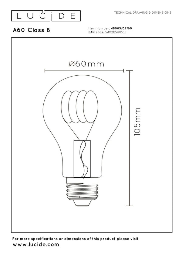Lucide A60 Klasse B dimbare LED-filamentlamp E27 Ø 6,4 cm, 7 W, 2700 K, transparant