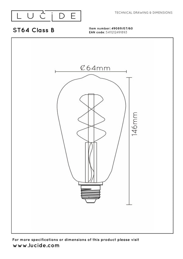 Lucide ST64 Klasse B dimbare LED-filamentlamp E27 Ø 6,4 cm, 7 W, 2700 K, transparant