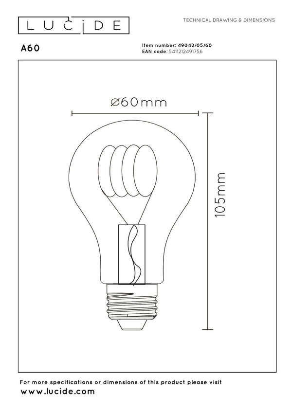 Lucide A60 dimbare LED-filamentlamp E27 Ø 6 cm, 4,9 W, 2700 K, transparant