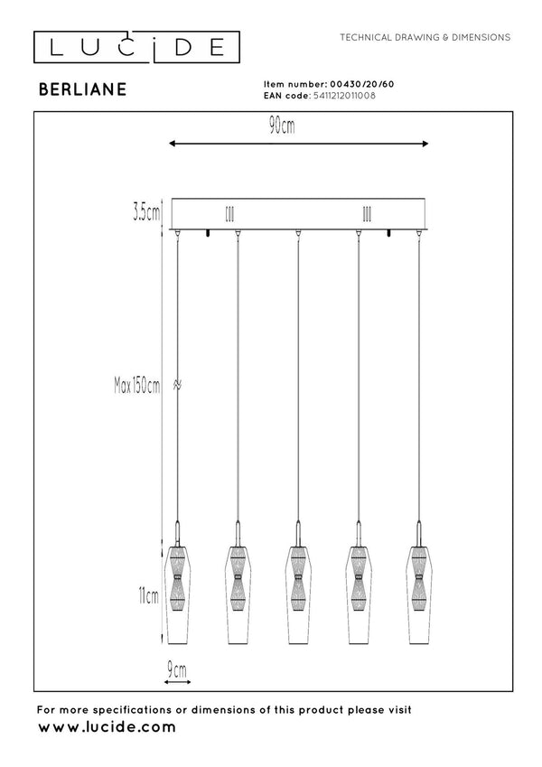 Lucide BERLIANE dimbare LED-hanglamp 5 × 4 W, transparant