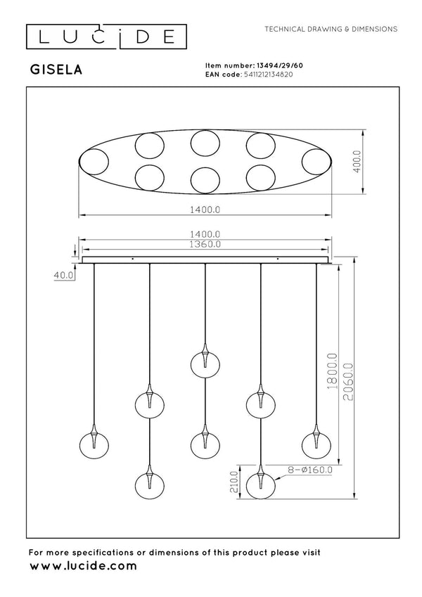 Lucide GISELA dimbare LED-hanglamp 8 × 3,9 W, transparant