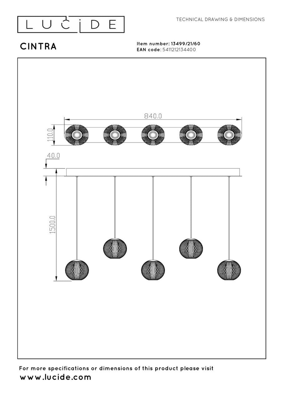 Lucide CINTRA dimbare LED-hanglamp 5 × 4,7 W, transparant
