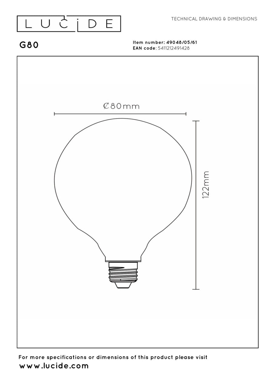 Lucide G80 dimbare LED-filamentlamp E27 Ø 8 cm, 4,9 W, 2700 K, opaal