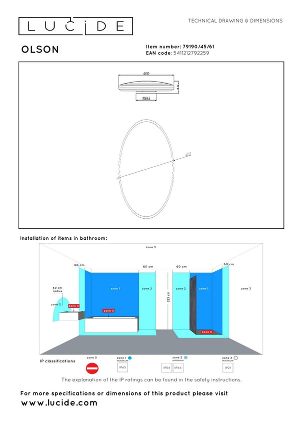 Lucide OLSON LED-plafondlamp voor de badkamer Ø 45 cm, 45 W, 3000–6500 K, IP44, opaal