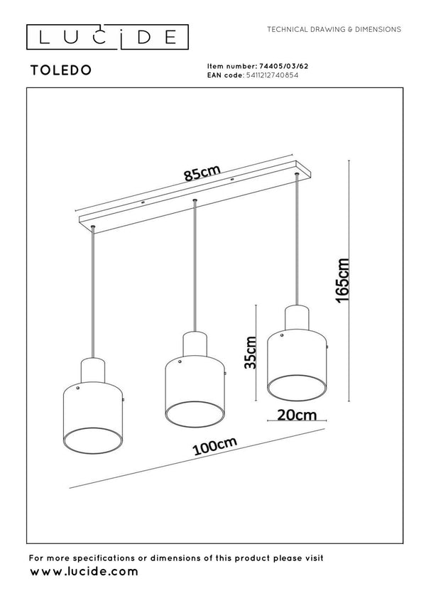Lucide TOLEDO hanglamp Ø 20 cm, 3 × E27, amber