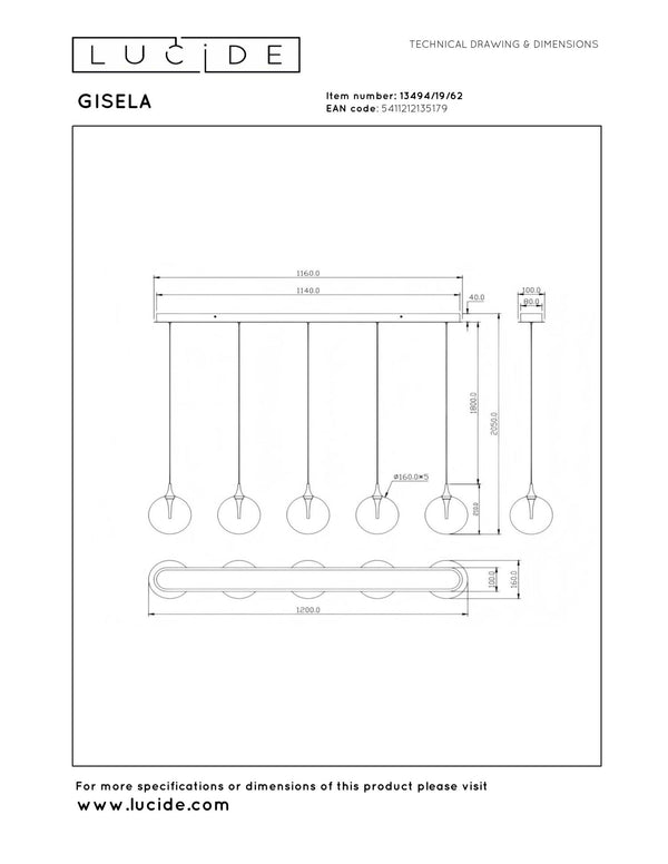 Lucide GISELA dimbare LED-hanglamp 5 × 4 W, amber