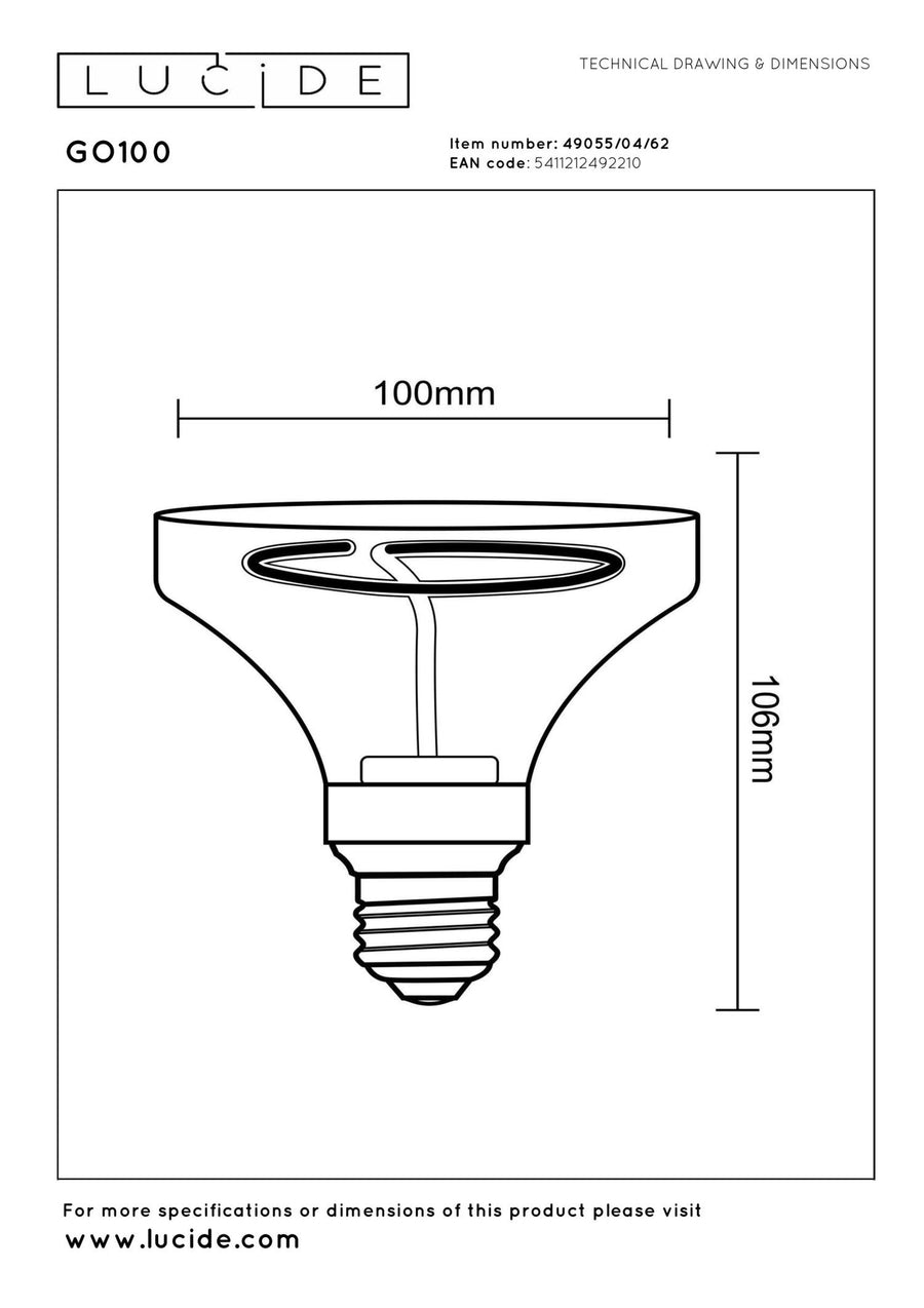 Lucide GO100 dimbare LED-filamentlamp E27 Ø 10 cm, 4 W, 2200 K, amber