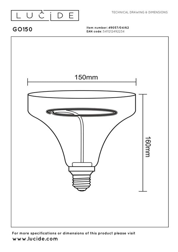 Lucide GO150 dimbare LED-filamentlamp E27 Ø 15 cm, 4 W, 2200 K, amber
