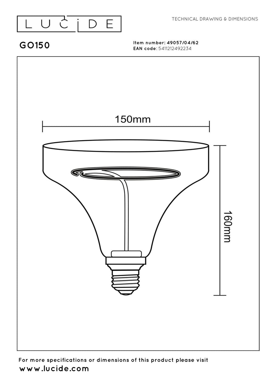 Lucide GO150 dimbare LED-filamentlamp E27 Ø 15 cm, 4 W, 2200 K, amber