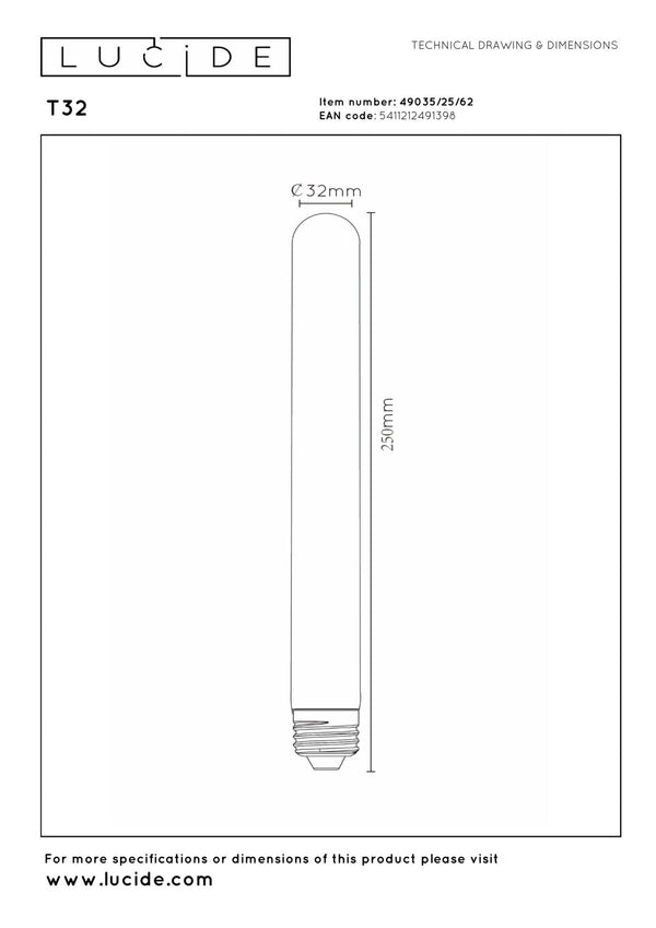 Lucide T32 dimbare LED-filamentlamp E27 Ø 3,2 cm, 4,9 W, 2200 K, amber