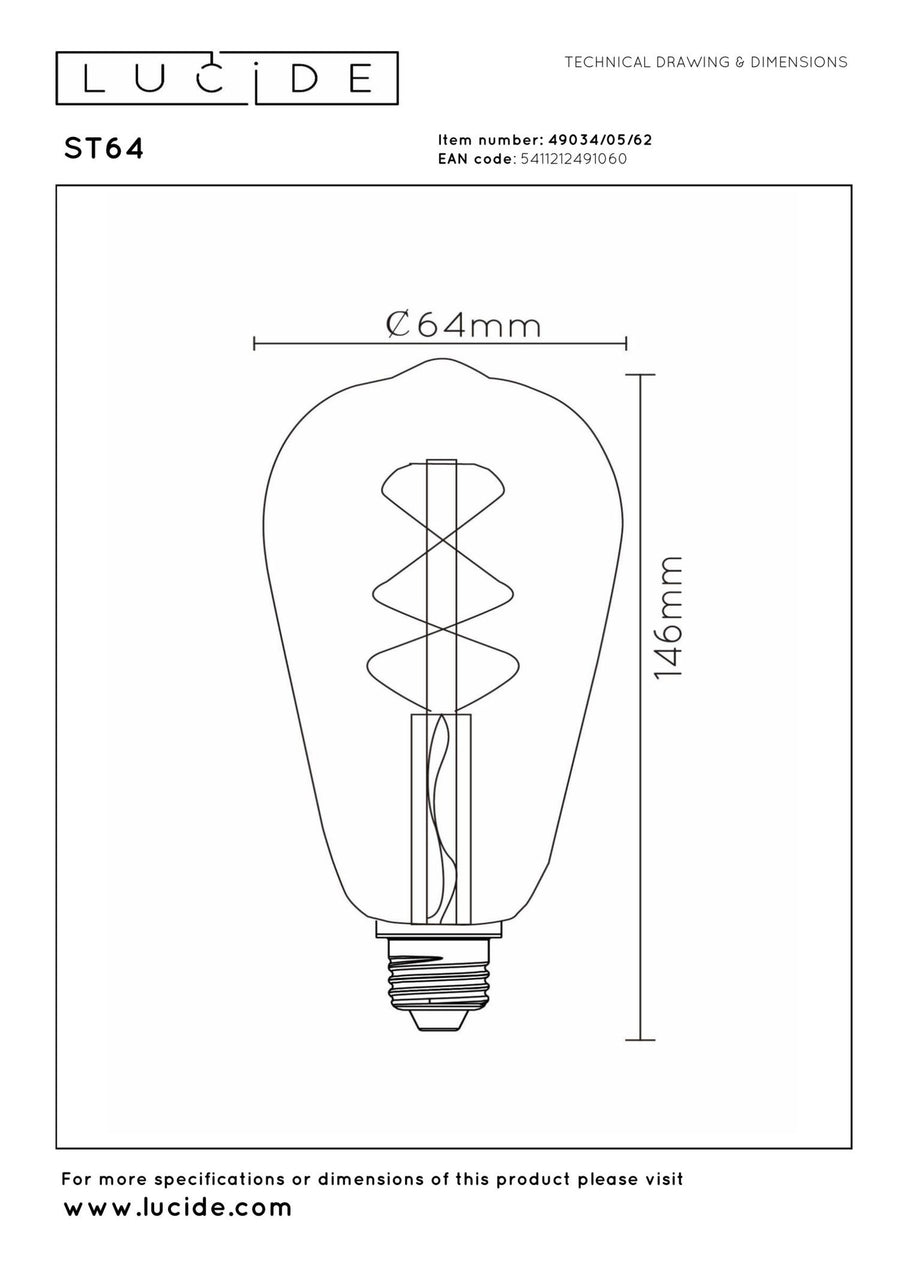 Lucide ST64 dimbare LED-filamentlamp E27 Ø 6,4 cm, 4,9 W, 2200 K, amber