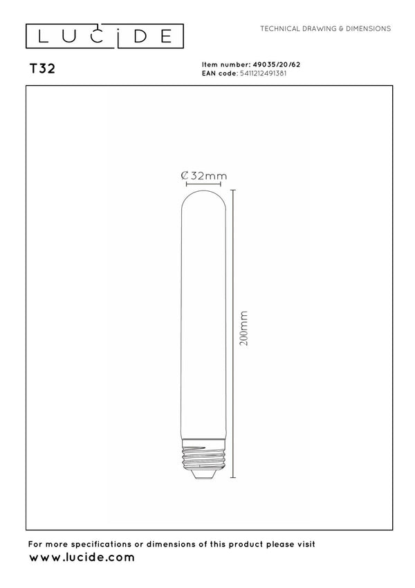 Lucide T32 dimbare LED-filamentlamp E27 Ø 3,2 cm, 4,9 W, 2200 K, amber