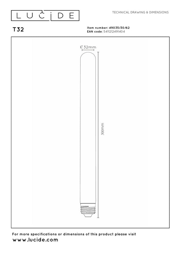 Lucide T32 dimbare LED-filamentlamp E27 Ø 3,2 cm, 4,9 W, 2200 K, amber