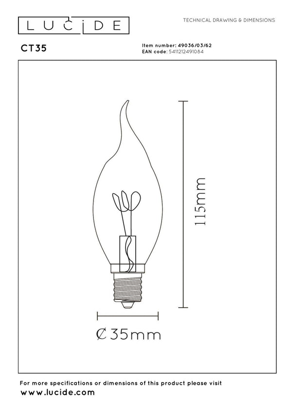 Lucide CT35 dimbare LED-filamentlamp E14 Ø 3,5 cm, 3 W, 2200 K, amber