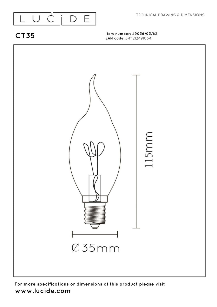 Lucide CT35 dimbare LED-filamentlamp E14 Ø 3,5 cm, 3 W, 2200 K, amber